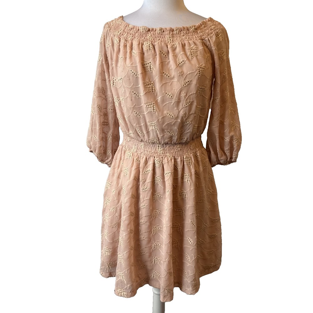 Astr Pink Blush Embroidered Eyelet Sheer Lined Off Shoulder Blouson Dress L Boho